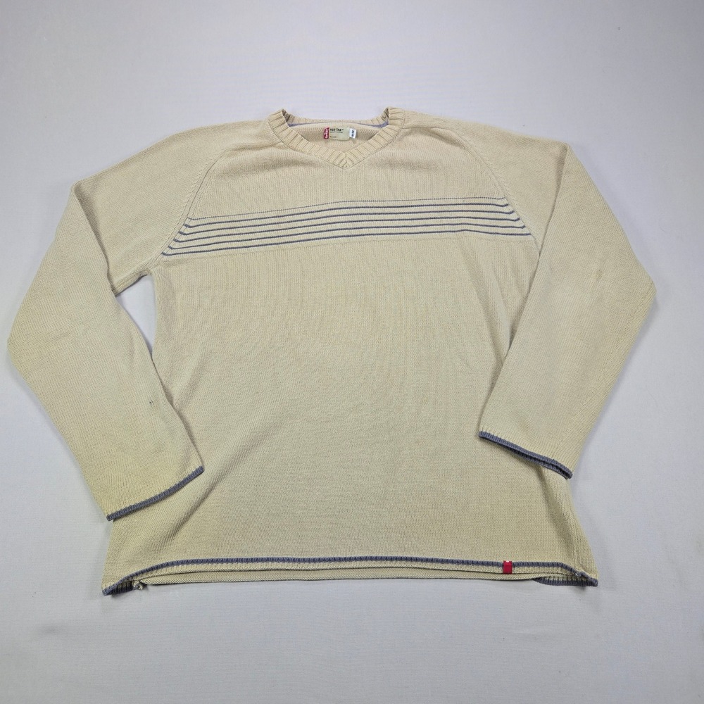 Levis Red Tab Sweater V-Neck Striped Raglan Cotton Beige Mens Medium